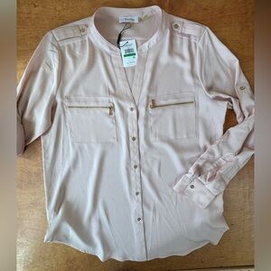 Calvin Klein L NWT blush pink gold button front lightweight blouse